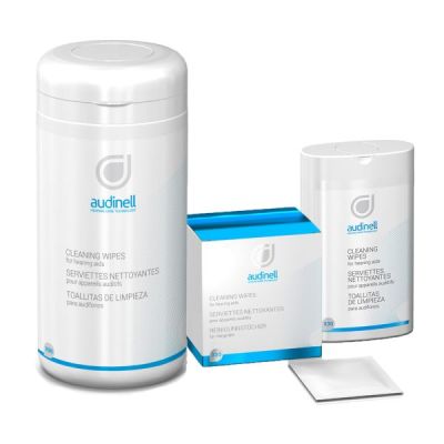 Audinell cleaning wipes shown in various container sizes.
