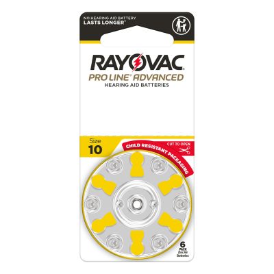 Rayovac ProLine Advanced Size 10 hearing aid battery on a card of six batteries.
