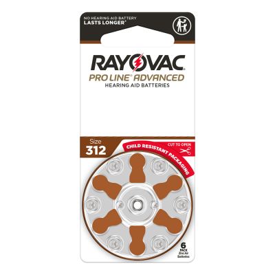 Rayovac ProLine Advanced Size 312 hearing aid batteries on a card of six batteries.