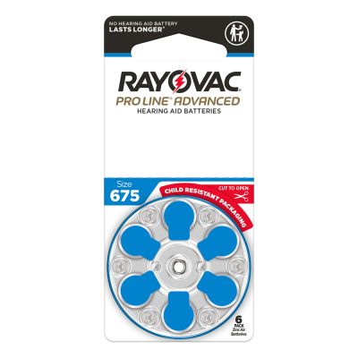 Rayovac ProLine Advanced hearing aid batteries, size 675 on card of six batteries
