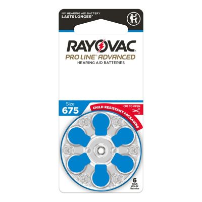 Rayovac Pro Line Advanced hearing aid batteries in child resistant packaging.