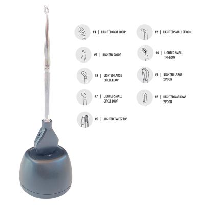 LightBeam ear curette complete starter kit showing all the different styles of curettes