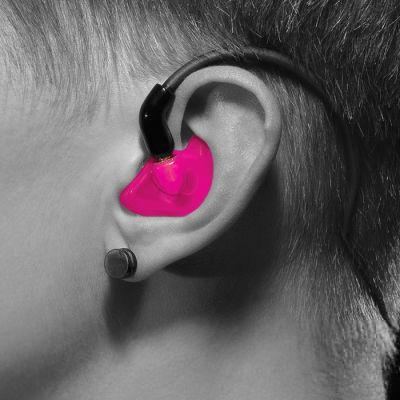 INR-1 resin neon pink translucent mold shown in the ear.