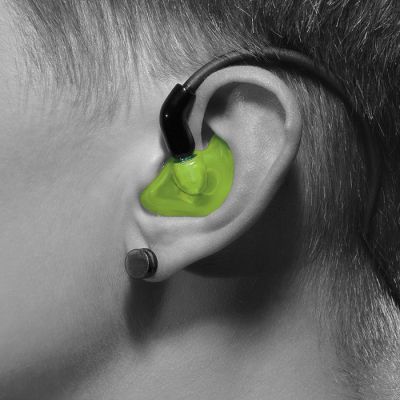 INR-1 resin green transparent mold shown in ear.