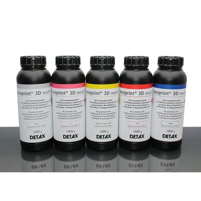 Detax Luxaprint 3D Mould bottles showing different colors.