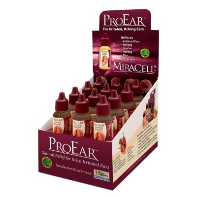 MiraCell ProEar in display box of twelve half ounce bottles.