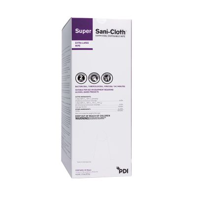 Super Sani-Cloth extra large wipes in a box of 50 wipes