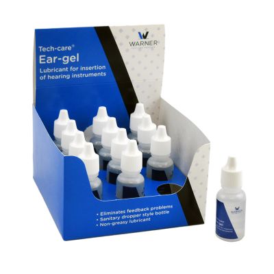 Tech-care Ear-gel in a display box of 12 half ounce bottles