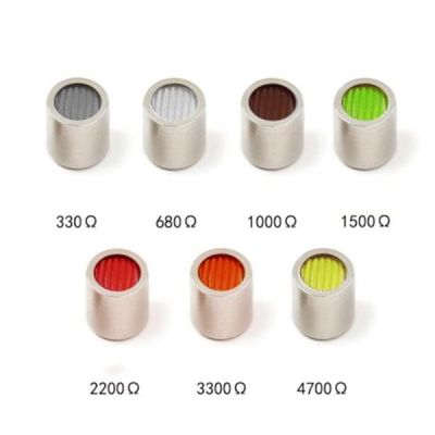 Knowles sound dampers showing color and acoustic resistance in Ohms.
