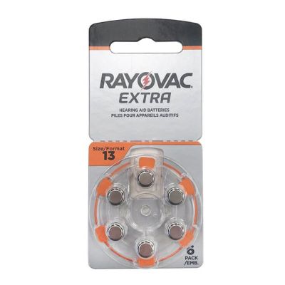 Rayovac Extra hearing aid batteries size 13 on a card of six