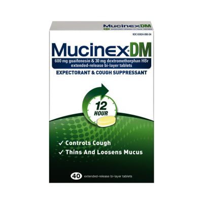 Mucinex DM Cough and cold relief. 600 mg guaifenesin and 30 mg dextromethorphan. Bottle of 40 tablets.