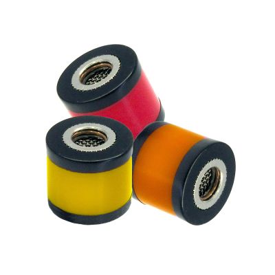 Stethoset attenuators showing all three colors, red, orange, yellow.
