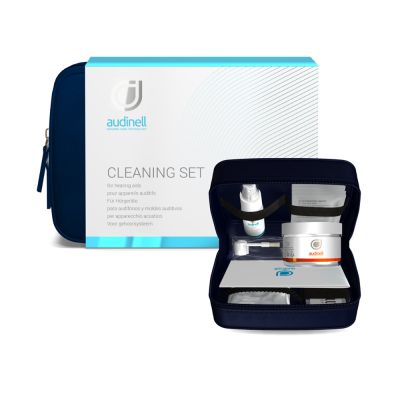 Audinell Hearing Aid Cleaning Set with wipes, cleaning spray, dryer, in zippered bag.