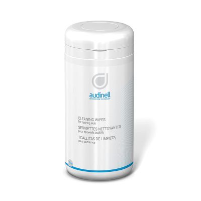 Audinell cleaning wipes for hearing aids. Canister of 160 wipes.