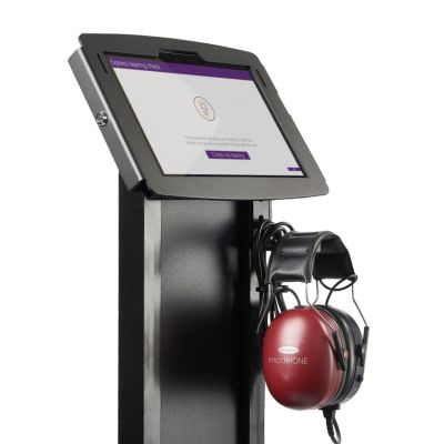 Amplivox BEEP Advanced configuration showing kiosk stand