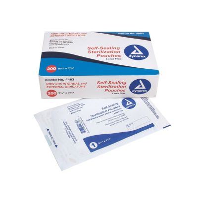 Dynarex 4463 Self-Seal Sterilization Pouch,  size 5-1/4" x 7-1/2". Box of 200