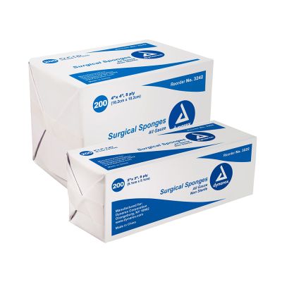 Dynarex surgical sponges. Non sterile gauze pads showing two different sizes