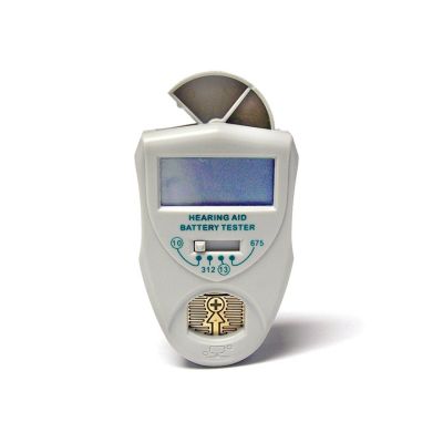 white, hand held hearing aid battery tester