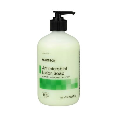 McKesson Antimicrobial Lotion Soap with Aloe in 18 ounce pump bottle.