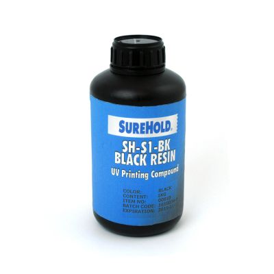 SureHold SH-S1-BK black UV printing compound, 1 kg bottle.