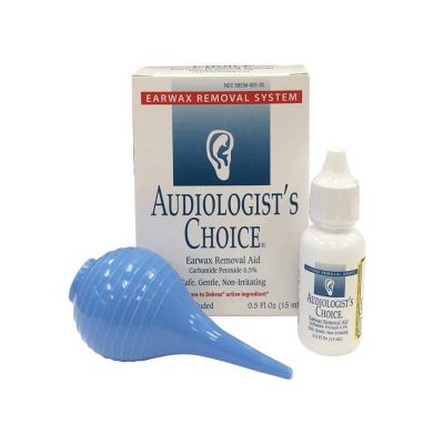 Audiologist's Choice Earwax removal system showing .05 fl oz bottle of drops, bulb, and box