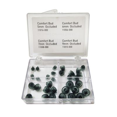 Starkey Comfort Bud occluded dome kit showing sizes 5 mm through 9 mm
