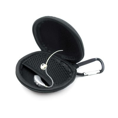Small Black Round Zippered Case shown with hearing aid