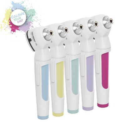 LuxaScope Colour Your Day Auris 2.5 V LED otoscopes showing all the colors