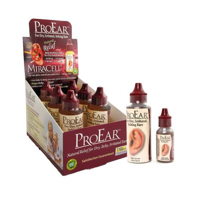 MiraCel ProEar showing display box and two sizes of bottles.