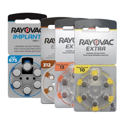 Rayovac Extra hearing aid batteries showing all the sizes on cards of six